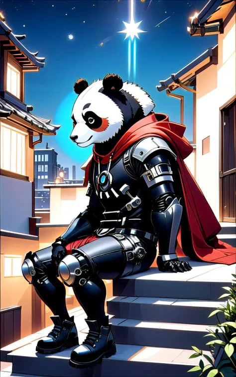 breathtaking, a cyborg anthropomorphic giant panda male furry sitting on stairs on rooftop, He has mechanical arms, mechanical hands, mechanical legs and mechanical boots, He wears short sleeves red hoodie, cloak, baggy clothes, baggy shorts, looking afar, city below, backlighting, night, moonlight, starry sky, shooting star, constellation, award-winning, professional, highly detailed