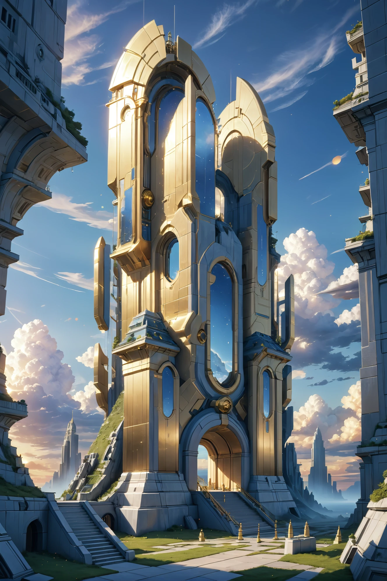 digital painting, golden hour, blue sky, clouds, architecture, "at the forgotten Chronolith", 8k, ultra high detail, masterpiece<lora:EnvyPulpScifiXL:0.35><lora:xl_more_art-full_v1:0.35>