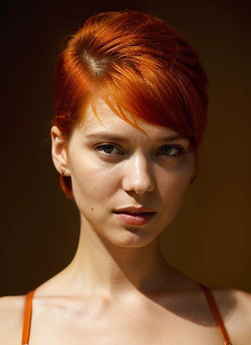 analog style, modelshoot style, portrait of sks woman by Flora Borsi, style by Flora Borsi, bold, bright colours, orange Mohawk haircut, ((Flora Borsi)), <lora:locon_olga_v1_from_v1_64_32:1.3>