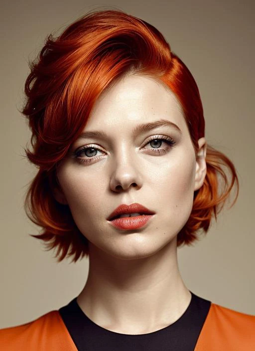 analog style, modelshoot style, portrait of sks woman by Flora Borsi, style by Flora Borsi, bold, bright colours, orange Mohawk haircut, ((Flora Borsi)), <lora:locon_alexandra_v1_from_v1_64_32:1.3>