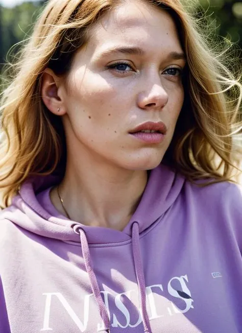A stunning intricate color close up portrait of (sks woman:1) , wearing Sweatshirt and joggers, epic character composition, sharp focus, natural lighting, subsurface scattering, f2, 35mm, film grain, , by David LaChapelle, <lora:locon_leaseydoux_v1_from_v1_64_32:1>