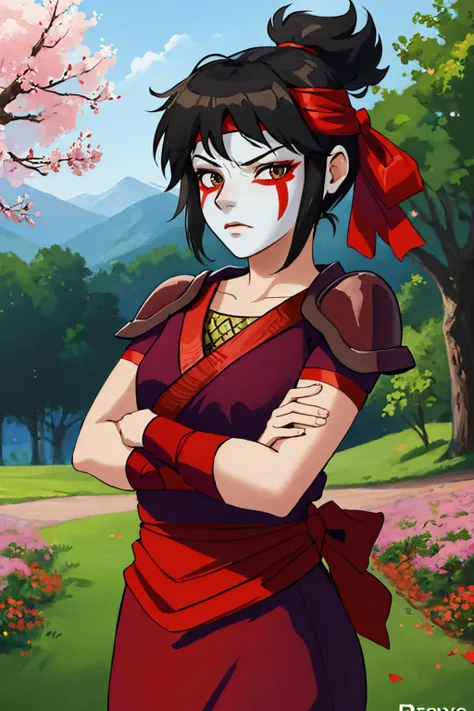 (masterpiece, best quality:1.2), solo, 1girl, bhhattori, facepaint, serious, looking at viewer, crossed arms, ponytail, headband, japanese clothes, ninja, shoulder armor, cherry blossoms <lora:brawlhalla_hattori-17:1>