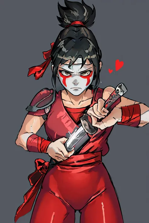 (masterpiece, best quality:1.2), solo, 1girl, bhhattori, facepaint, serious, IncrsUnsheathingAKatanaMeme, sheath, holding sheath, ponytail, headband, japanese clothes, ninja, shoulder armor <lora:brawlhalla_hattori-17:0.9> <lora:ChihiroUnsheathingAKatanaMeme:0.9>