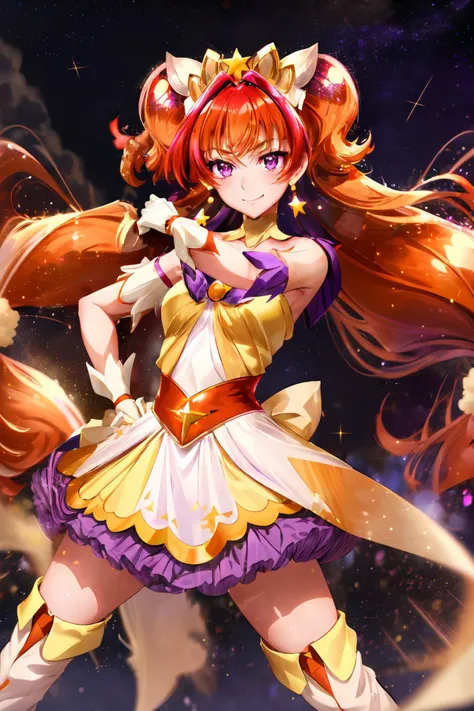 masterpiece,best quality,1girl,cure twinkle,orange hair,(very long hair),purple petticoat,purple neck ribbon,thigh boots,earrings,hair ribbon,tiara,(confident,light smile),(fighting stance,action pose,attack),incoming attack,motion lines,motion blur,blast wave,shockwave,starry sky,cowboy shot,<lora:locon_cure_twinkle_01:0.8>,<lora:Concept-control tool-add_detail-CyberAIchemist:1>,
