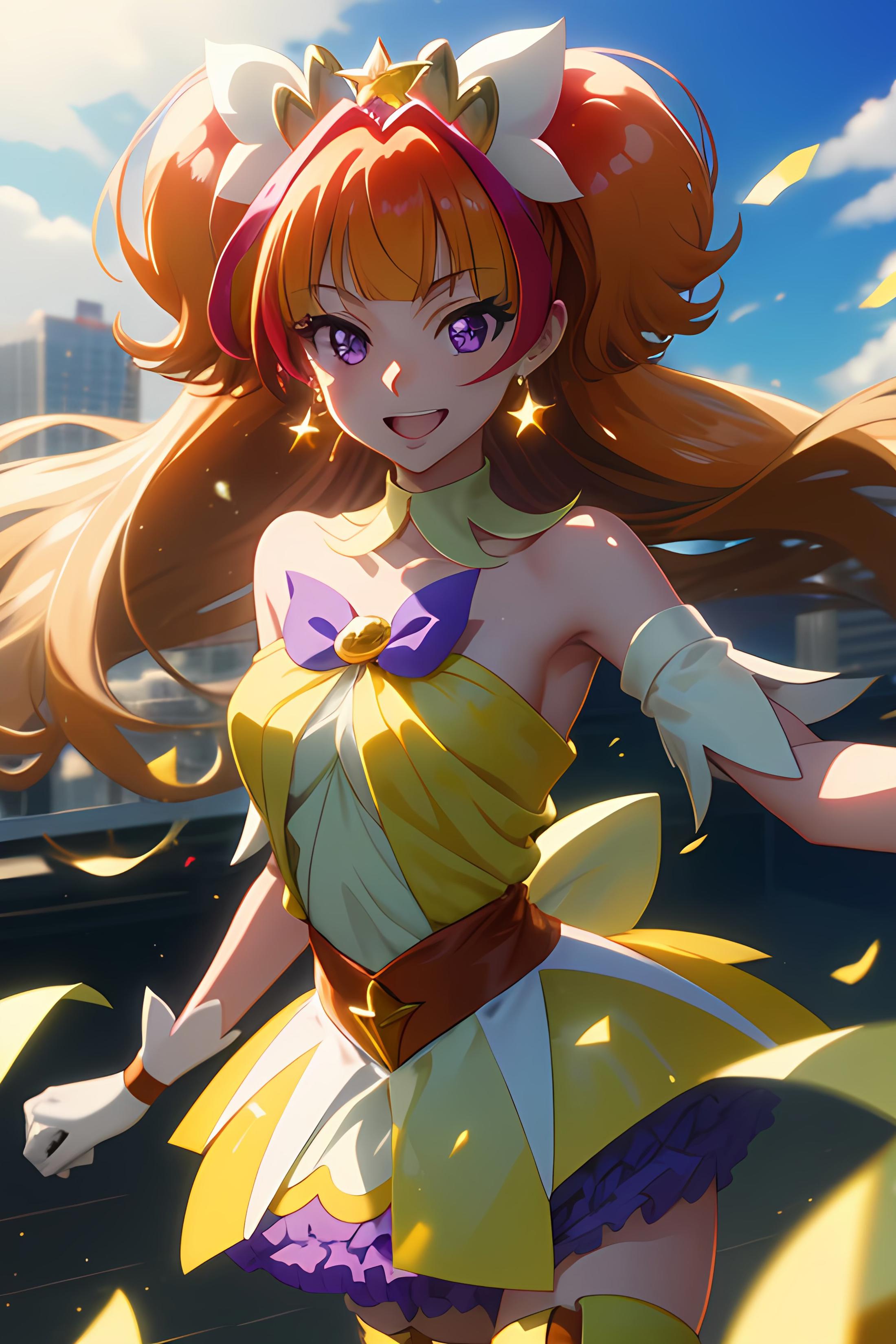 A woman in a yellow dress with long hair and a bow - SeaArt AI
