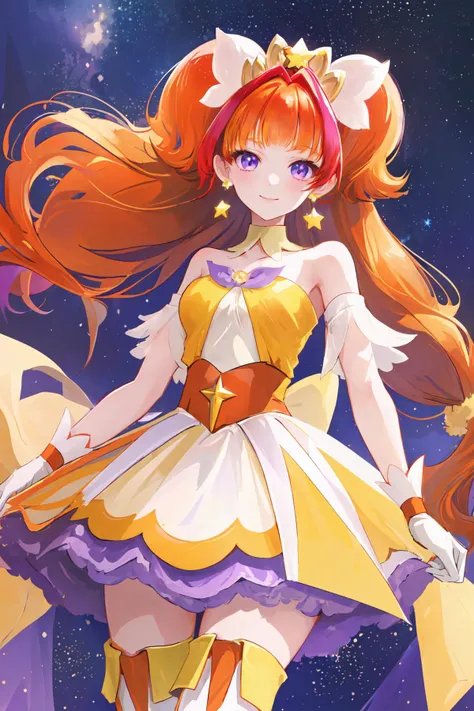 masterpiece,best quality,1girl,cure twinkle,orange hair,purple petticoat,purple neck ribbon,thigh boots,earrings,hair ribbon,tiara,smile,elegance,star \(symbol\),starry sky,outdoors,cowboy shot,dutch angle,<lora:locon_cure_twinkle_01:0.9>,<lora:Concept-control tool-add_detail-CyberAIchemist:1>,