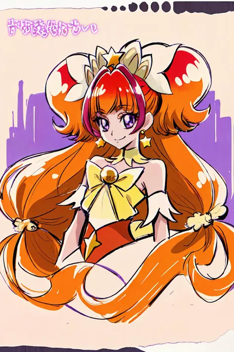 masterpiece,best quality,1girl,cure twinkle,orange hair,purple petticoat,purple neck ribbon,earrings,hair ribbon,tiara,smile,elegance,star \(symbol\),upper body,<lora:locon_cure_twinkle_01:0.9>,<lora:KamikitaV2:0.8>,