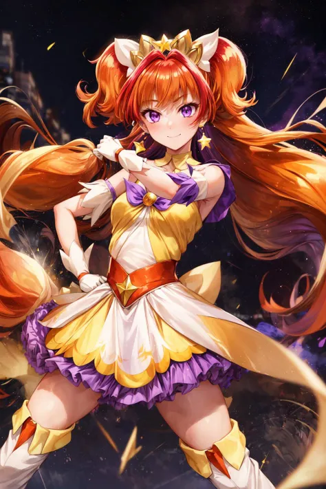 masterpiece,best quality,1girl,cure twinkle,orange hair,(very long hair),purple petticoat,purple neck ribbon,thigh boots,earrings,hair ribbon,tiara,(confident,light smile),(fighting stance,action pose,attack),incoming attack,motion lines,motion blur,blast wave,shockwave,starry sky,cowboy shot,<lora:locon_cure_twinkle_01:0.8>,<lora:Concept-control tool-add_detail-CyberAIchemist:1.1>,