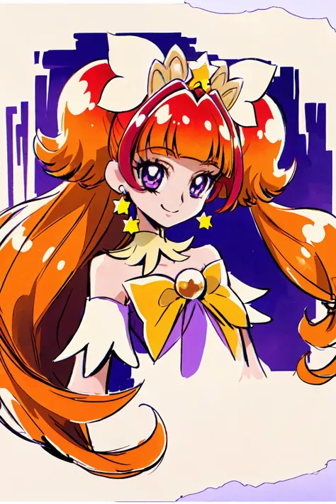 masterpiece,best quality,1girl,cure twinkle,orange hair,purple petticoat,purple neck ribbon,earrings,hair ribbon,tiara,smile,elegance,star \(symbol\),upper body,<lora:locon_cure_twinkle_01:0.9>,<lora:KamikitaV2:0.8>,