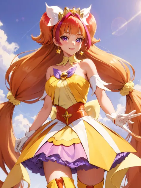 masterpiece, best quality, looking at viewer, depth of field, standing, cowboy shot,
1girl, <lora:locon_cure_twinkle_01:0.9>, cure twinkle, purple petticoat, purple neck ribbon, thigh boots, earrings, hair ribbon, tiara,
smile, ((gradient background)), lens flare,