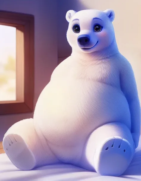 (((detailed eyes, detailed face))), (anthro, polarbear, black eyes), male, (solo), (plump, belly, chubby, overweight), (nude <lora:wb2furry_indigo_v2:0.7>, topless), sitting, arms behind back, smile, (by zackarry911, by zaush, by personalami:0.5), bedroom, soft shading, masterpiece