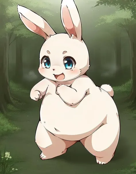 (((detailed eyes, detailed face))), (cute feral <lora:wb1furry_indigo_v2:0.7>, quadruped, Japanese white rabbit, no human), male, (solo), (plump, belly), (nude), standing, arms up, smile, (konzaburou, ukan_muri), forest, light environment, soft shading, 8k, UHD, masterpiece