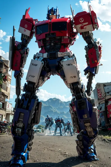 optms, glowing eyes, blue eyes, mecha, robot,volumetric lighting, best quality, masterpiece, intricate details, retro artstyle<lora:sxzOptimusPrime_sxzOptimus:1>(Japan street),full body,cowboy shot, building,holding gun,