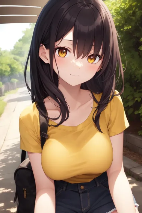 1girl, solo, best quality, ultra-detailed, ((illustration)), outdoors, black hair, yellow eyes, white shirt,