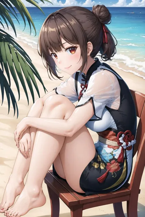 masterpiece, best quality, 1girl, solo, hair bun, blunt bangs, looking at viewer, sitting, on a chair, (qipao), brown hair, red eyes, small breasts, beach, barefoot, hugging legs, smug, smirk, sideview <lora:Chomikuplus-Style-v1.1-000150:0.8>