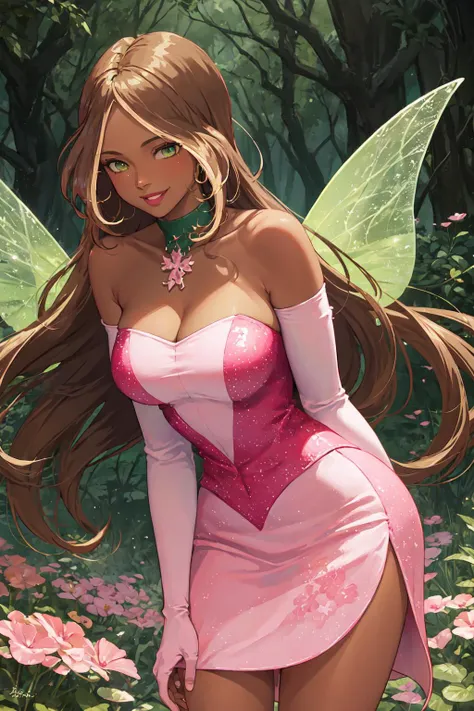 masterpiece, best quality, ultra-detailed, Flora, ((milf, mature face, tall)), thick, dark skin, brown hair, blonde hair strips, green eyes, FairyOutfit, pink dress, pink gloves, sparkling outfit, flower necklace, green fairy wings, standing, cowboy shot, smile, in the forest, realistic, <lora:WinxClubFlora:1>, volumetric lighting, intricate details, tonemapping, sharp focus, hyper detailed