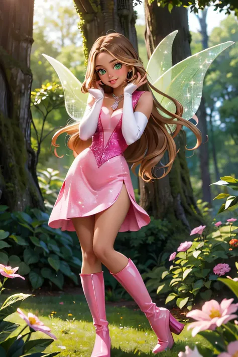 Flora,dark skin, long brown hair, blonde hair strips, green eyes, FairyOutfit, pink dress, pink gloves, sparkling outfit, flower necklace, green fairy wings, boots, looking at viewer, smiling, standing, forest, natural lighting, high quality,masterpiece, <lora:WinxClubFlora:.8>