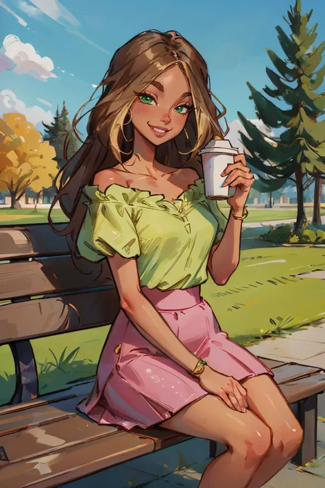 Flora,dark skin, long brown hair, blonde hair strips, green eyes, Casual Outfit, green off-shoulder shirt, pink skirt, looking at viewer, smiling, sitting, on bench, holding coffee cup, outside, park, trees, winter, blue sky, high quality,masterpiece, <lora:WinxClubFlora:.8>