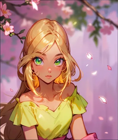 (Flora), (dark skin, brown hair, blonde hair strips, bangs, very long hair, green eyes), (Casual Outfit), (green off-shoulder shirt, pink skirt,focus on face, detailed eyes, green eyes,:1.3) flowers, petals, cherry blossom, flares, particles, magic, magical, iridescent, holographic, glitter, blurry background, soft light, glowing pieces, shiny, cinematic lightning, hyperdetailed painting, complex, 32k, 4k resolution concept art portrait, HDR, ultra high-detail, centered, lens flare, bloom, light bloom, cinematic lighting, high dynamic range, depth of field, full pose,:1.2) <lora:add_detail:0.3> <lora:sailor_venus_v2:0.4> <lora:WinxClubFlora:0.6> <lora:GlowingRunesAIv4:0.2>