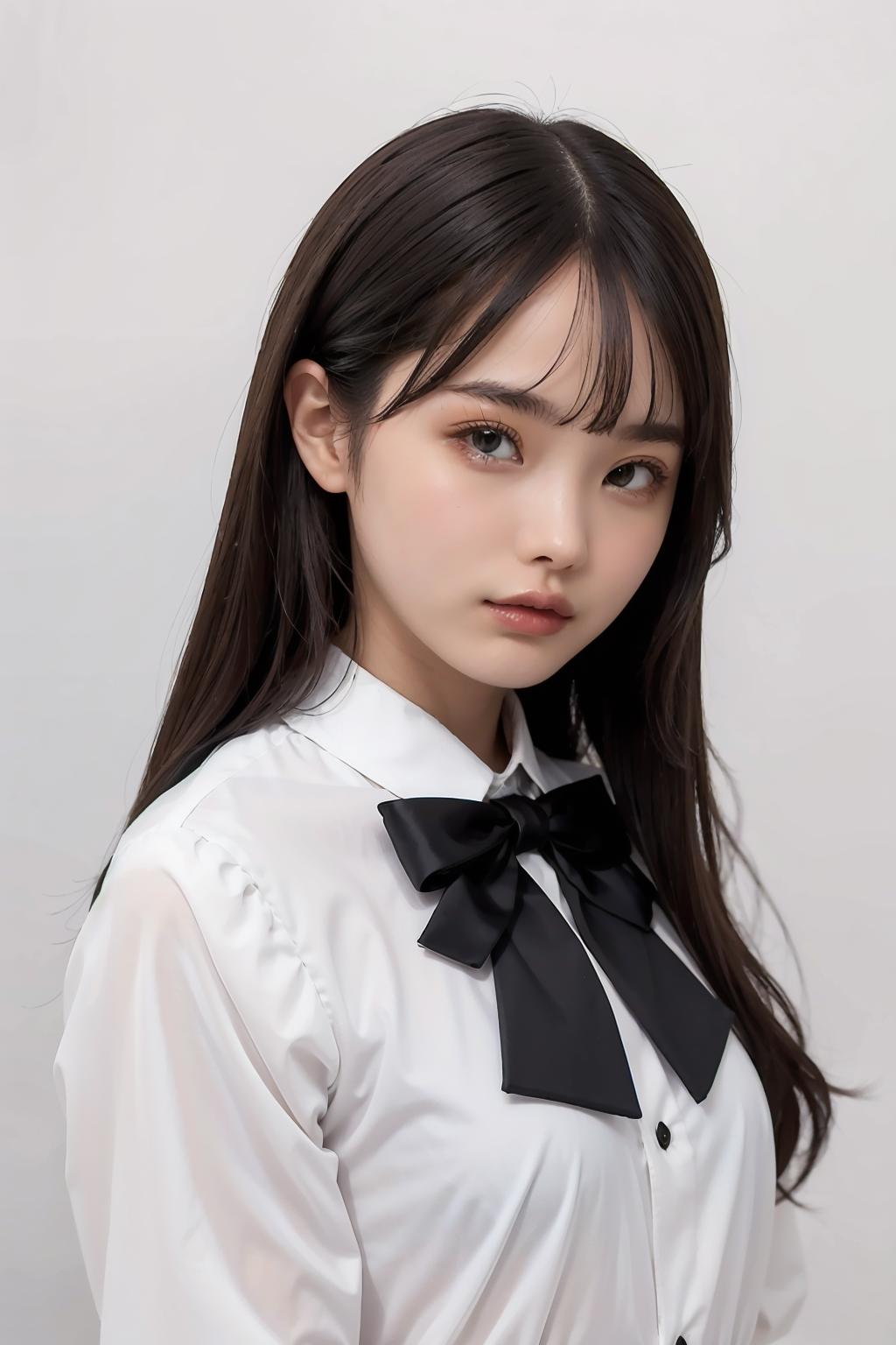 A woman with long hair wearing a white shirt and black bow tie - SeaArt AI