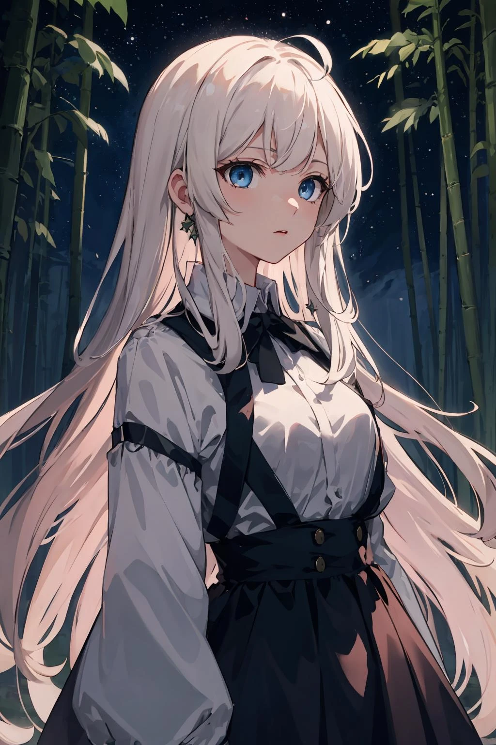 masterpiece,high quality,highres,1girl,solo,<lora:bamboo-forest-wasabiya:1>,bbforest,night, sky, starry sky, ,(blue eyes , ),