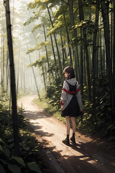 masterpiece,high quality,highres,1girl,solo,<lora:bamboo-forest-wasabiya:1>,bbforest, day, dirt road,