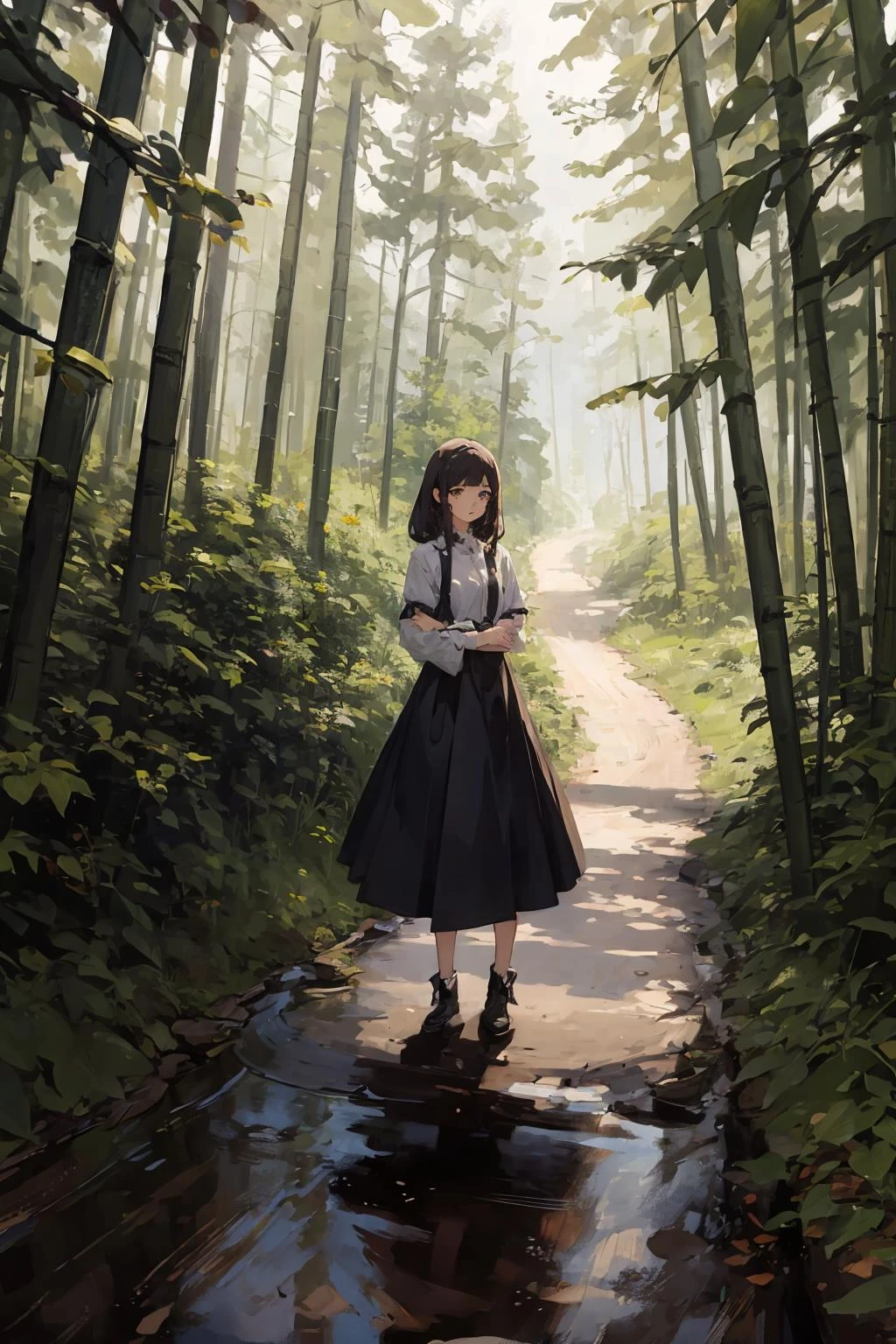 masterpiece,high quality,highres,1girl,solo,<lora:bamboo-forest-wasabiya:1>,bbforest, day, dirt road,