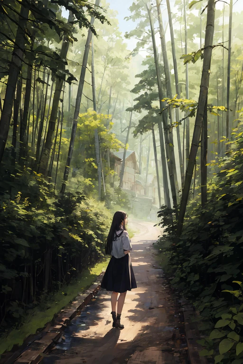 masterpiece,high quality,highres,1girl,solo,<lora:bamboo-forest-wasabiya:1>,bbforest, day, dirt road,
