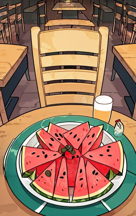 A Extreme Wide Shot, of  a watermelon seeds on the table of a cozy place to eat