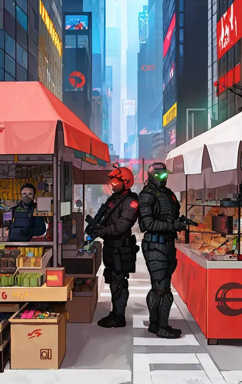 A Medium Shot of street vendors selling tech gadgets and cyberware in the middle omnitech plaza and in the backgound cyberpunk warlords ruling over sections of the militarized zone