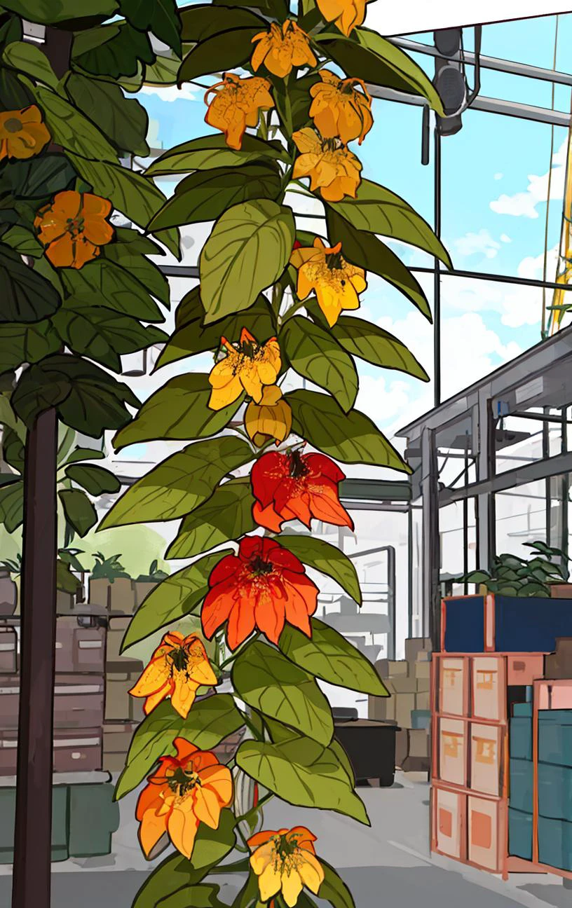 An Full Shot of colossal blazingyellow climbing lanceolate plant, quinacridone burnt orange bracteole zygomorphic flower, oblong, haustorial root , in background factory