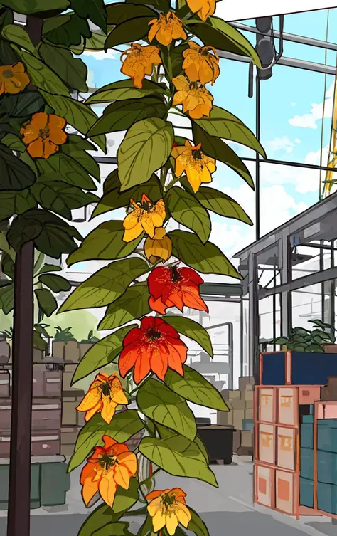 An Full Shot of colossal blazingyellow climbing lanceolate plant,   quinacridone burnt orange bracteole zygomorphic flower, oblong,   haustorial root , in background factory