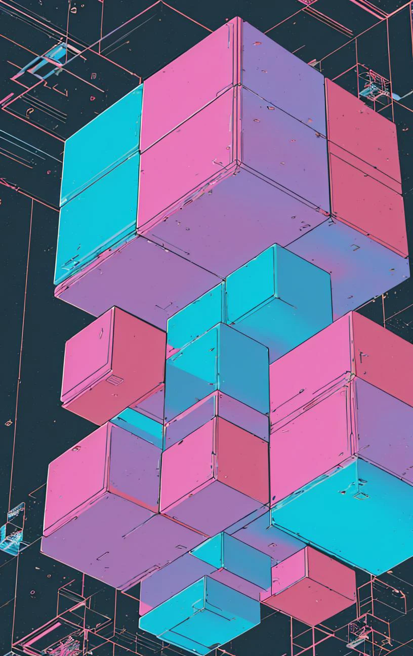 bb3l15, a colorful diagonal abstract structure made of cube and over a nonagon black background <lora:bb3l15:1>