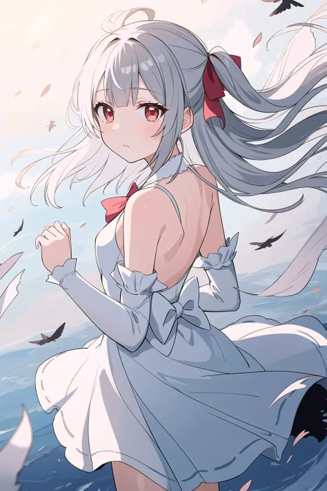 Brilliant light and shadow,Back lit,1girl, side blunt bangs,hairs between eyes,Red eyes,delicate face, ribbons,White Dress, bowties, buttons, bare shoulders,Detached Sleeve,(small breast), ((breeze)), Flying splashes,wind,Long flowing hair,(Broken glass),Grey hair,The flying water,Hair covering your body,The flying red ribbon, (Ink painting style), [:(Delicate arms and hands):0.8]