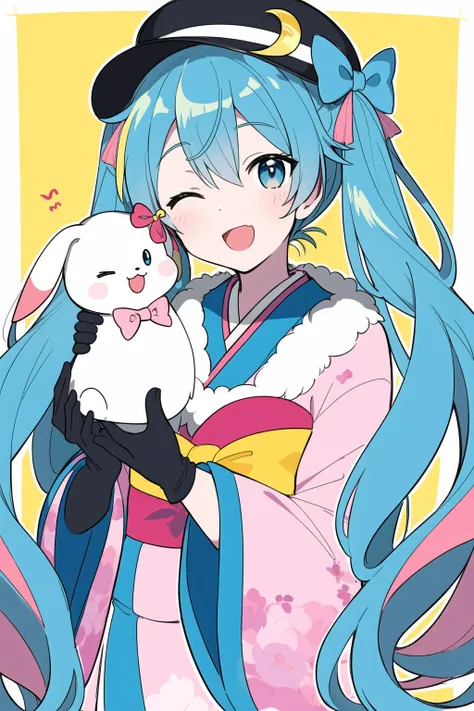 perfect linear art, yuki miku, 1girl, hatsune miku, rabbit, one eye closed, crescent, open mouth, gloves, pink bowtie, rabbit yukine, upper body, blue hair, blue eyes, bow, pink bow, twintails, 1other, smile, kimono, japanese clothes, fur trim, crescent hair ornament, long hair, multicolored hair, black gloves, hat, fur-trimmed kimono, light blue hair, looking at viewer, animal, blue gloves, pink kimono, very long hair, pink hair, bowtie, yellow background, hair bow, ribbon, >_o, hair ornament, hair ribbon, multicolored eyes, holding, wide sleeves