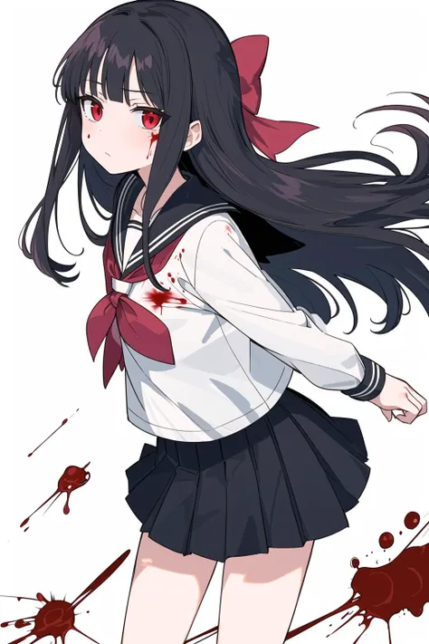 1girl, solo, long hair, school uniform, skirt, looking at viewer, bangs, black skirt, string of fate, bow, serafuku, blood, sailor collar, long sleeves, hair bow, shirt, black hair, blood on face, from side, ribbon, blunt bangs, string, closed mouth, black sailor collar, pink eyes, red ribbon, red eyes, black bow, cowboy shot, standing