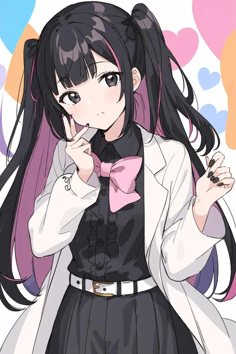 1girl, solo, long hair, black hair, bangs, looking at viewer, black eyes, frills, blunt bangs, long sleeves, frilled shirt, bow, skirt, frilled sleeves, black skirt, belt, shirt, multicolored hair, head tilt, black bow, heart, tile wall, pink nails, bowtie, closed mouth, upper body, cross-laced clothes, labcoat, black shirt, fingernails, white coat, nail polish, jirai kei