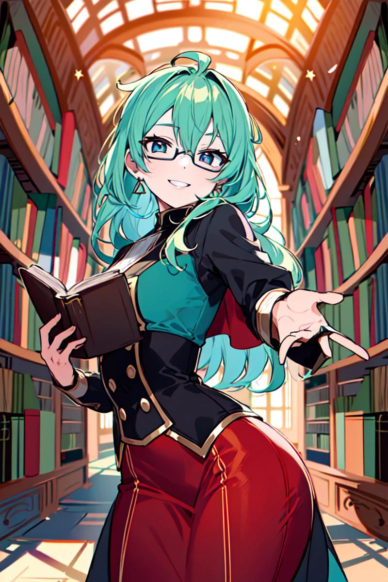 sehele style, <lora:sehele:0.4>, best quality, (masterpiece:1.2), detailed, (((curious expression))), (((looking into a book))), long hair, aqua hair, aqua eyes, round glasses, green shoulder cape, red ribbon, blouse, corset, long dress, (((cowboy shot))), (((dynamic pose))), (masterpiece, best quality, ultra detailed, beautiful illustration), atmospheric perspective, depth of field, beautiful detailed eyes, dynamic pose, dynamic angle, 1girl, ((indoors, library background)), 8k, 16k, trending on pixiv, fanbox, skeb, masterpiece, detailed face, digital painting, (best quality, ultra detailed), (detailed background:1.2), (perfect face, detailed face), (mature female:1.4), <lora:Eva Aensland:0.7>