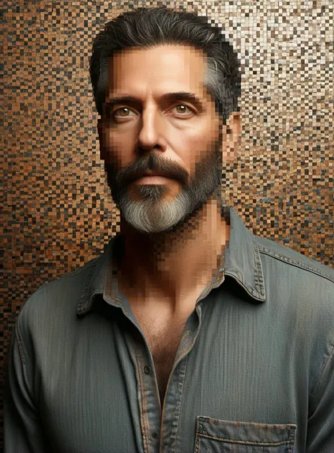 detailed professional closeup portrait of man in his forties with a rugged appearance, steely eyes, and a full beard with traces of grey dissolving into pixels, pretending to zip the lips with a mischievous look in A hidden courtyard with a mosaic tile floor and a peaceful fountain <lora:Aether_Pixel_v1_SDXL_LoRA:1>