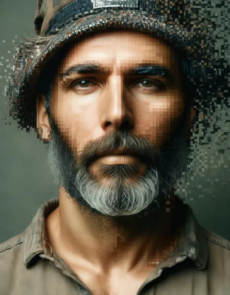 detailed professional portrait of man in his forties with a rugged appearance, steely eyes, and a full beard with traces of grey dissolving into pixels, adjusting a stylish hat or headpiece <lora:Aether_Pixel_v1_SDXL_LoRA:1.3>