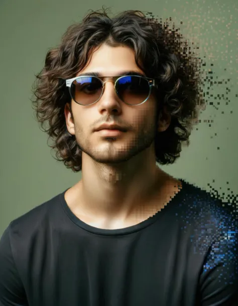 detailed professional portrait of Young man with a brooding look, intense dark eyes, and shoulder-length wavy hair dissolving into pixels, Wearing oversized sunglasses and striking a pose <lora:Aether_Pixel_v1_SDXL_LoRA:1.3>