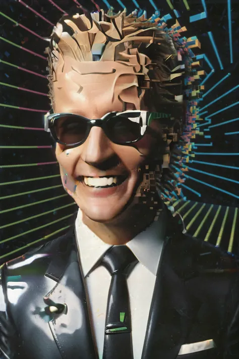 (surrealist photo:1.5), max-headroom dissolving into pixels, sunglasses, black_tie, (laughing, smile:1.6), pixelated background, shot on Canon EOS 5D, oversaturated, neon lighting,  in style of David LaChapelle <lora:Aether_Pixel_v1_SDXL_LoRA:1> <lora:n47-max-headroom-v1sdxl-nd64:0.8> <lora:add-detail-xl:2> <lora:wowifierXL:1><lora:lcm_sdxl:1.0>