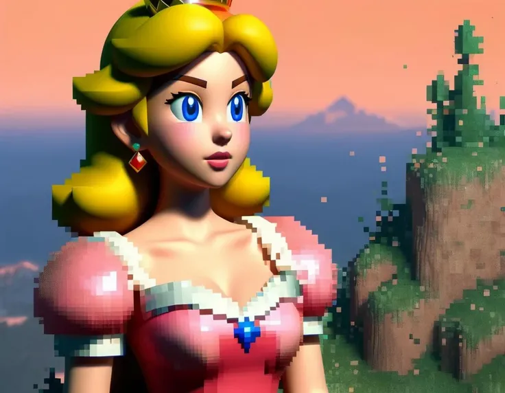 <lora:Aether_Pixel_v1_SDXL_LoRA:1> profile close-up of princess peach dissolving into pixels, standing on a mountain, 3d octane render