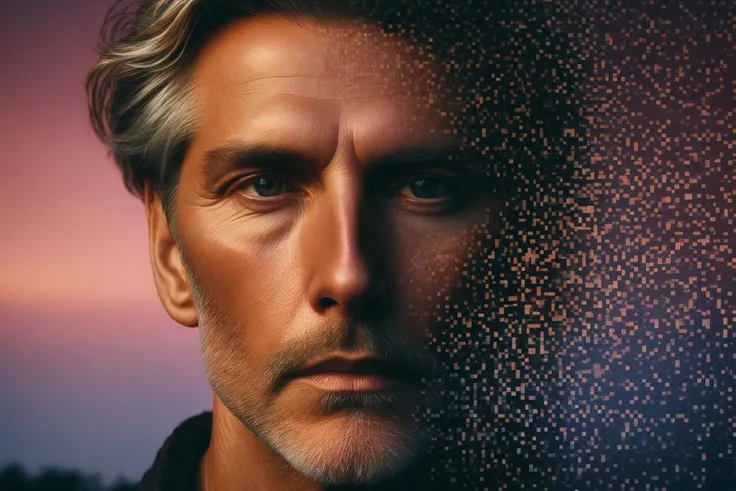 a color 35mm glamour close-up portrait photograph of a melancholic norwegian middle-aged person dissolving into pixels. standing looking at the stars during summer at twilight as if shot by a famous fashion photographer using the aperture f/1.8 <lora:Aether_Pixel_v1_SDXL_LoRA:1>