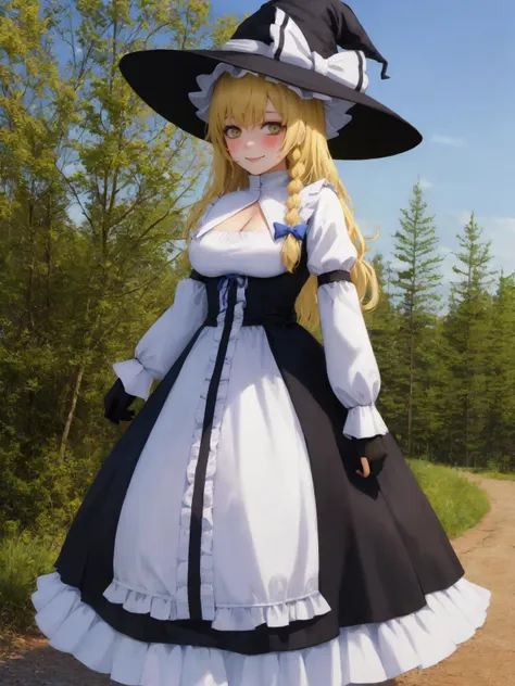 SLE, mksks style, detailed background SLE, mksks style, detailed background absurdres, highres, realistic background, full body, <lyco:GoodHands-beta2:1.0>,
BREAK  solo, 1girl, <lora:Mars:1>, mars \(cookie\), kirisame marisa, braid, single braid, side braid, hair bow, bags under eyes,
BREAK default, witch hat, black headwear, hat bow, white bow, hair ribbon, blue ribbon, long dress, black and white dress, frilled dress, frills, cleavage, cleavage cutout, long sleeves, puffy sleeves, puffy long sleeves, black gloves, partially fingerless gloves, black and white boots,
BREAK standing, smile, blush, looking at viewer, facing viewer,
BREAK  (forest, trees), sunlight, clouds, blue sky, outdoors,