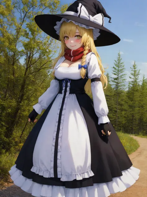 SLE, mksks style, detailed background SLE, mksks style, detailed background absurdres, highres, realistic background, full body, <lyco:GoodHands-beta2:1.0>,
BREAK  solo, 1girl, <lora:Mars:1>, mars \(cookie\), kirisame marisa, braid, single braid, side braid, hair bow, bags under eyes,
BREAK default, witch hat, black headwear, hat bow, white bow, hair ribbon, blue ribbon, red scarf, long dress, black and white dress, frilled dress, frills, cleavage, cleavage cutout, long sleeves, puffy sleeves, puffy long sleeves, black gloves, (partially fingerless gloves), black and white boots,
BREAK standing, smile, blush, looking at viewer, facing viewer,
BREAK  (forest, trees), sunlight, clouds, blue sky, outdoors,