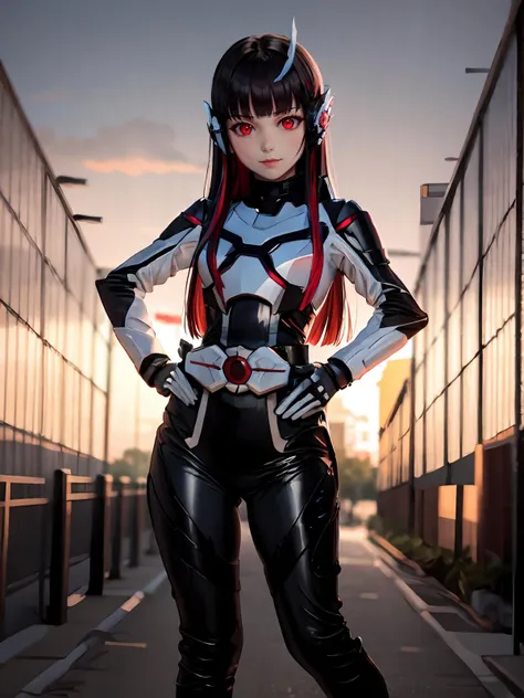 (extremely detailed CG), (best quality), 1girl, perfect face,narrow waist, wide hips <lora:AzuArk-10:0.6> AzuArk,humagear_headphones,red hair, red eyes, blunt bangs,multicolored hair,long hair,bangs,black hair,looking at viewer <lora:ArkOne-10:0.8> ArkOne,Antennae,gloves,black bodysuit,bodysuit,rider belt, armor,belt, hands on hips, looking at viewer,