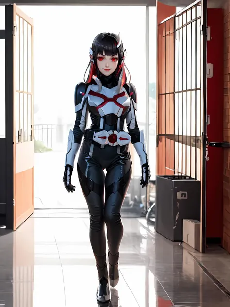 (extremely detailed CG), (best quality), 1girl, perfect face,narrow waist, wide hips <lora:AzuArk-10:0.6> AzuArk,humagear_headphones,red hair, red eyes, blunt bangs,multicolored hair,long hair,bangs,black hair,looking at viewer <lora:ArkOne-10:0.8> ArkOne,Antennae,gloves,black bodysuit,bodysuit,rider belt, armor,belt, horns, shoulder armor,portrait, side view, looking at viewer, simple background,evil smile