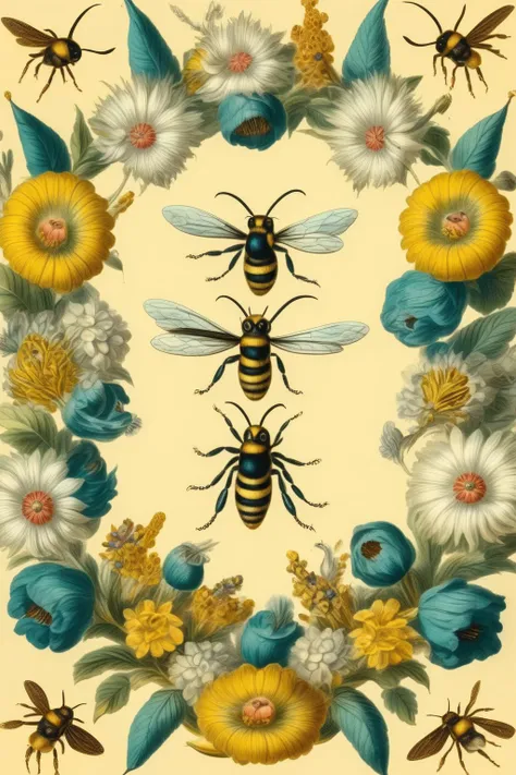 <lora:Maria Sibylla Merian Style:1>Maria Sibylla Merian Style - a circular nesting pattern of colorful flowers in yellow, white and teal. With a hornet and leaves. The flowers are spread out toward the edge of the image with the center empty
