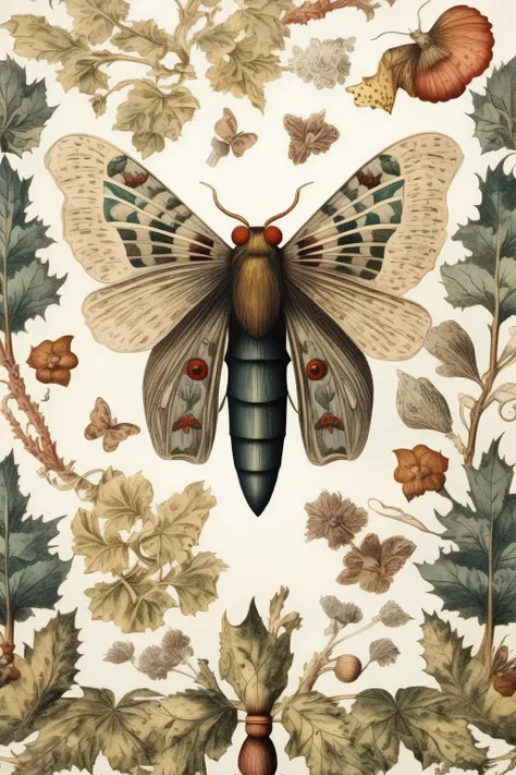 <lora:Maria Sibylla Merian Style:1>Maria Sibylla Merian Style - William morris inspired whimsigoth style Moth in a forest, vintage feel on a white background